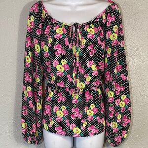 Betsy Johnson Polka Dot Floral Peplum Long Sleeve Blouse
